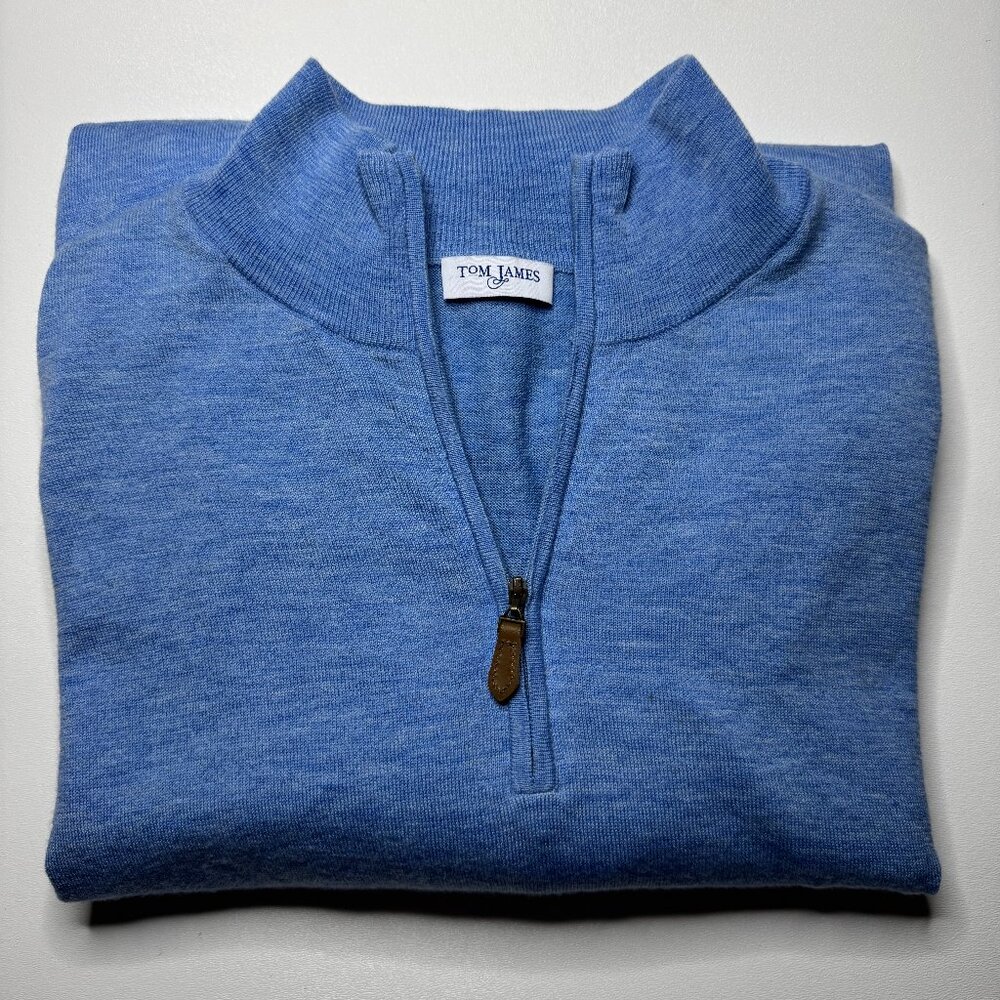 Tom James 1/4 Zip Sweater Mens XL Blue 100% Merino Wool Fine Knit